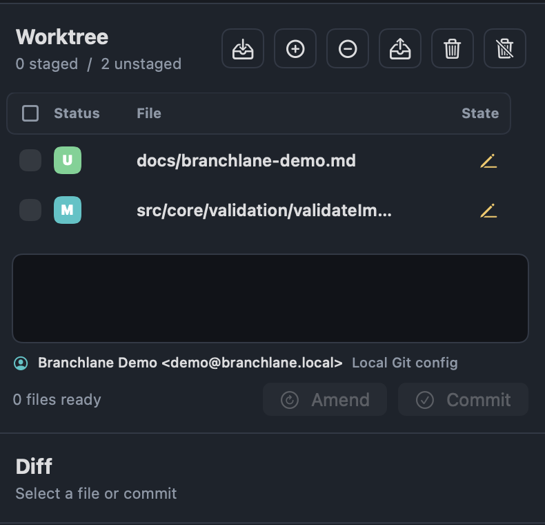Branchlane worktree with file staging controls and a source diff
